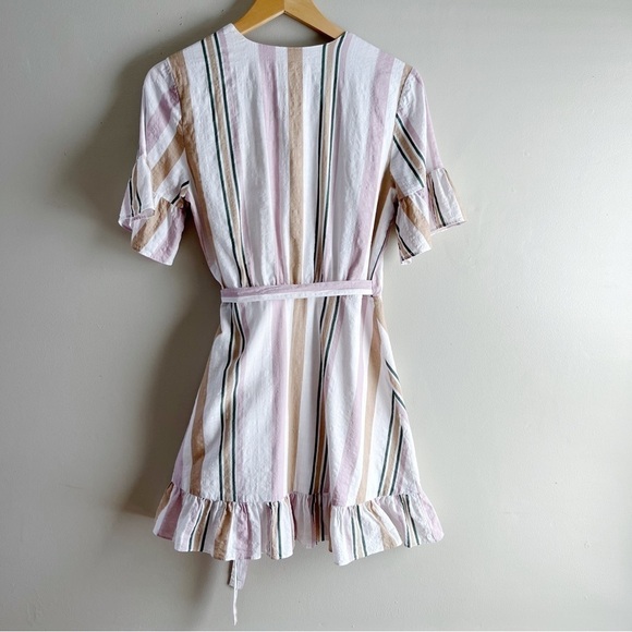 Privacy Please May Mini Wrap Dress in Multi Stripe Pink & Tan, Size Medium - Picture 12 of 14